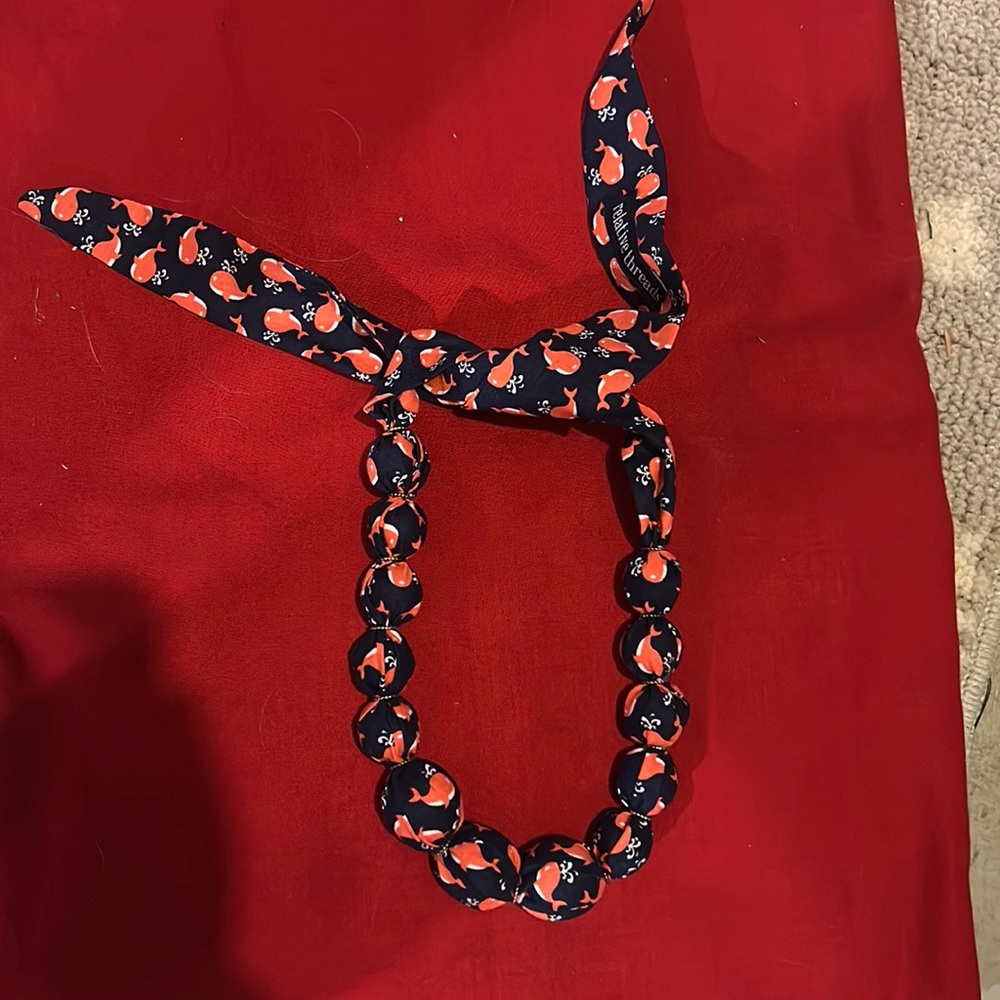 womens beaded orange and navy whale print necklace